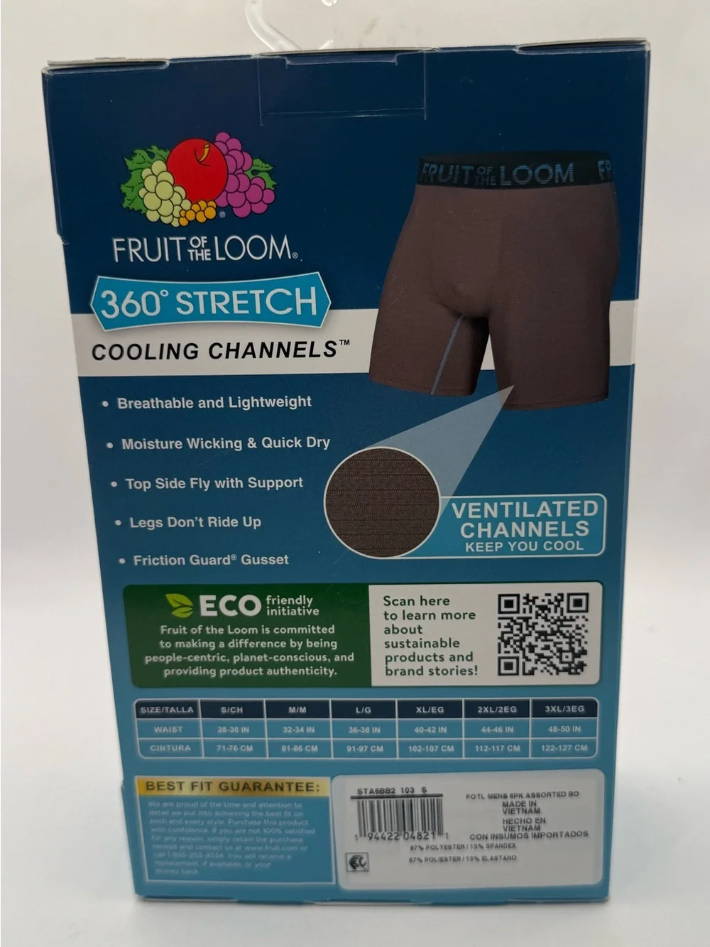 Fruit of the Loom Men's 6-Pack Boxer Briefs S (28-30) 360 stretch cooling ch.